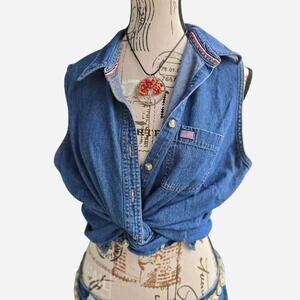 Vintage 90s denim vest top with American flag patch